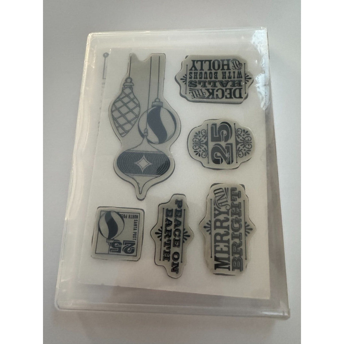Stampin Up Clear Mount Rubber Stamp Set Christmas Merry and Type Ornaments Peace