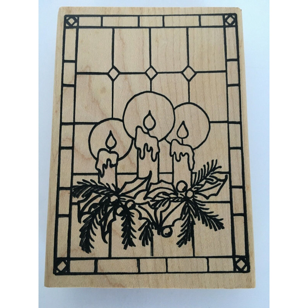 Raindrops on Roses Rubber Stamp Christmas Candles Holly Window Stained Glass