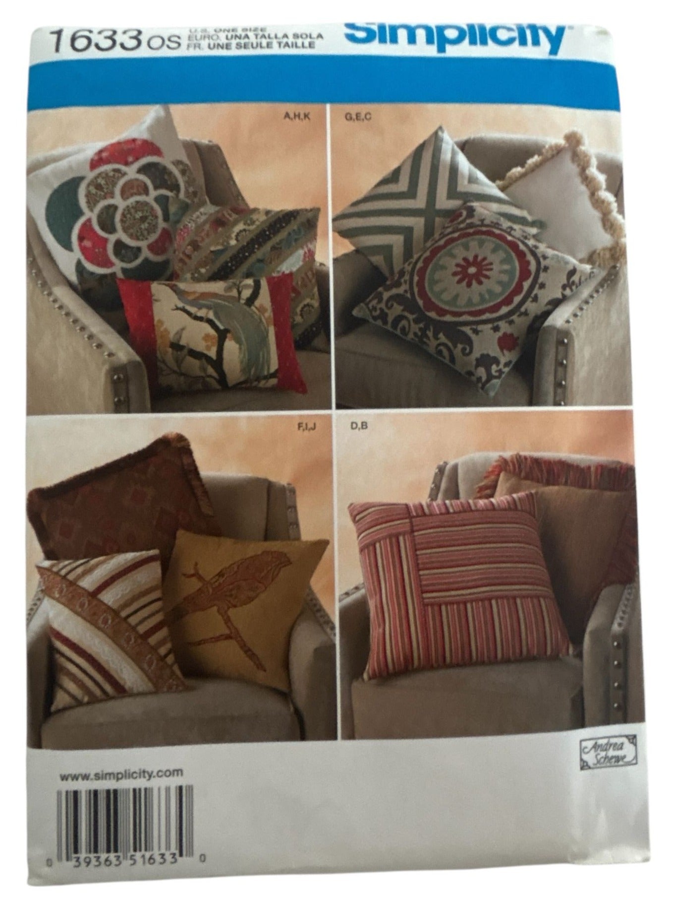Simplicity Sewing Pattern 1633 Living Room Chair Pillows Square Home Decor Uncut
