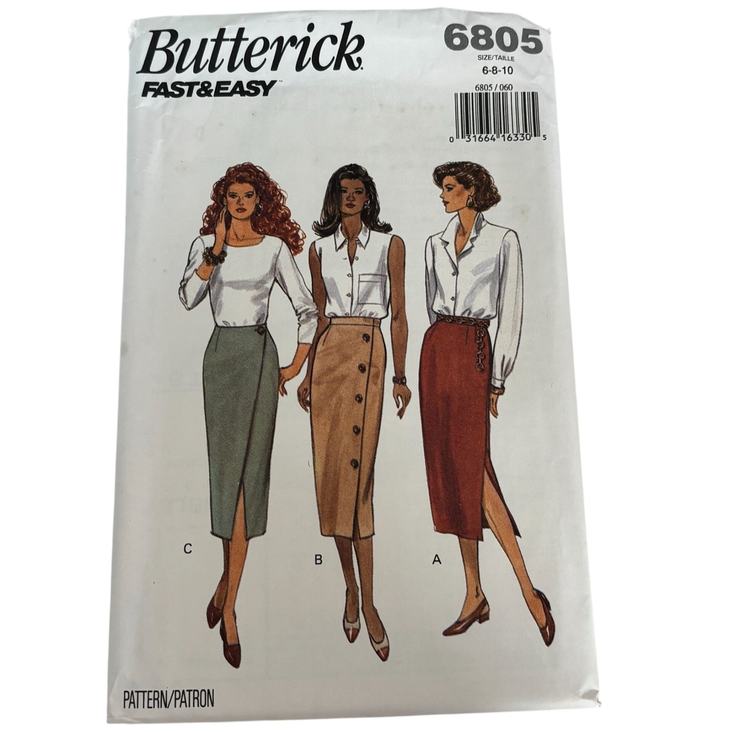Butterick Sewing Pattern 6805 Straight Pencil Skirt Midi Corporate Core 1990s Minimalist 6-10 Uncut