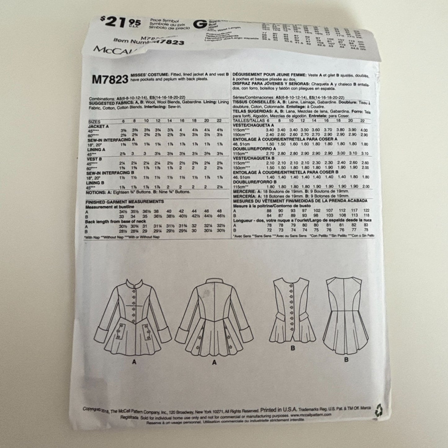 McCalls Sewing Pattern M7823 Outlander Costume Jacket Vest Highland 14-22 Uncut