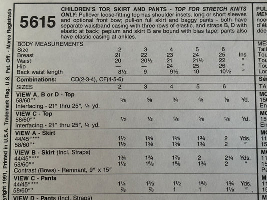 McCalls Sewing Pattern 5615 Jumping Beans Top Skirt Pants Kids 2 3 4 Easy UC