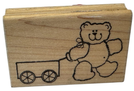 DOTS Rubber Stamp Teddy Bear and Wagon Toy Smile Card Making Craft Wood Mounted