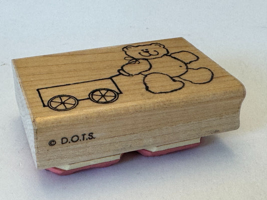 DOTS Rubber Stamp Teddy Bear and Wagon Toy Smile Card Making Craft Wood Mounted