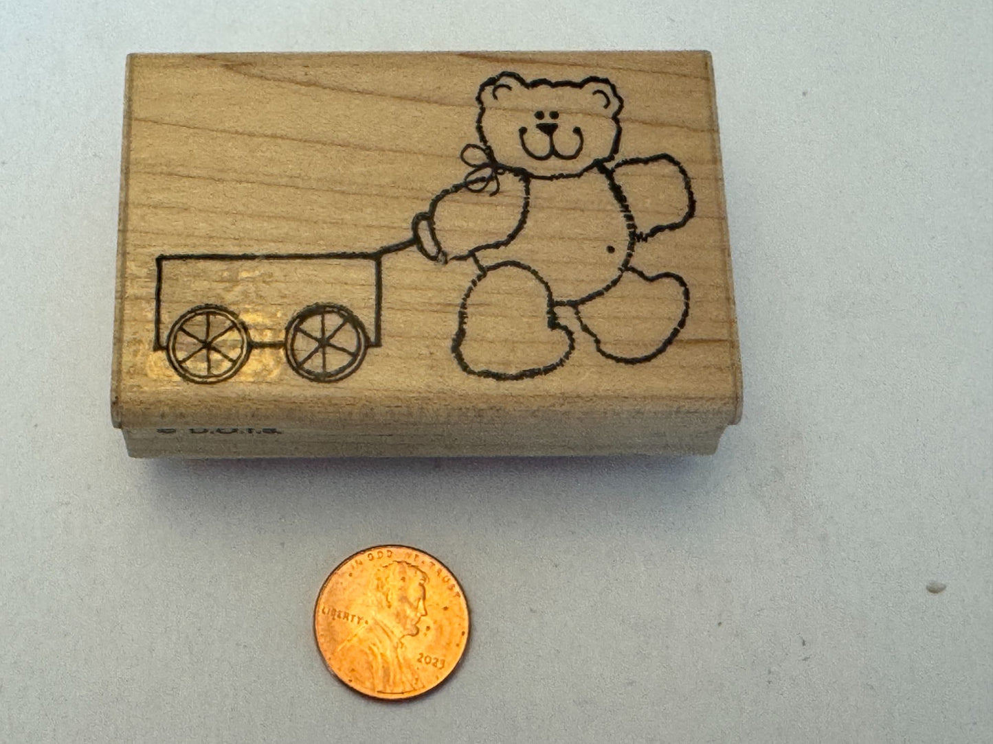 DOTS Rubber Stamp Teddy Bear and Wagon Toy Smile Card Making Craft Wood Mounted
