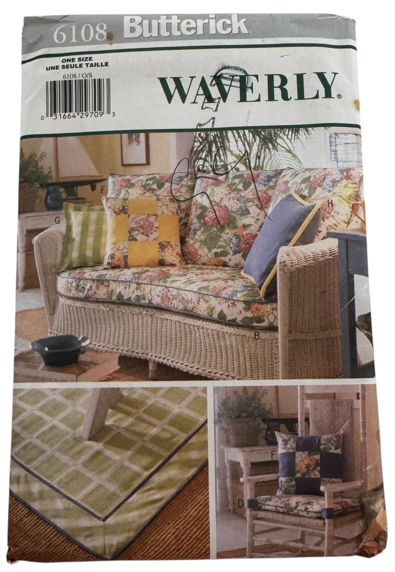 Butterick Sewing Pattern 6108 Waverly Sun Room Sofa Cushion Pillow Chair Cover