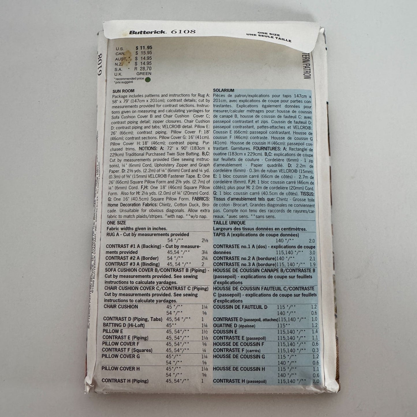 Butterick Sewing Pattern 6108 Waverly Sun Room Sofa Cushion Pillow Chair Cover