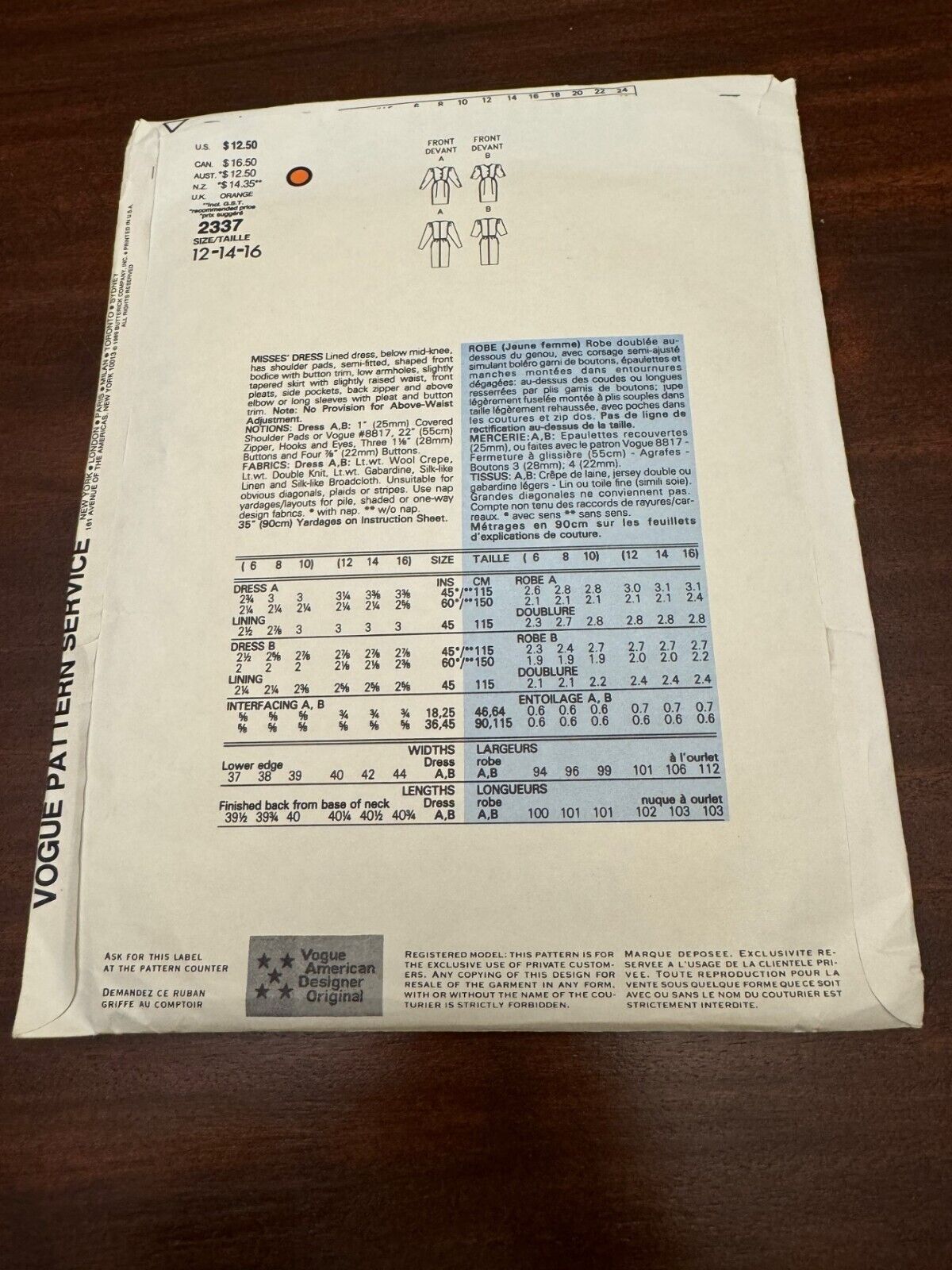 Vogue Sewing Pattern 2337 Oscar de la Renta Misses Dress Semi Fitted 14-16 Uncut