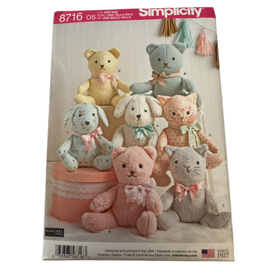 Simplicity Sewing Pattern 8716 Stuffed Animal Teddy Bear Dog Cat Plush Dolls Toy