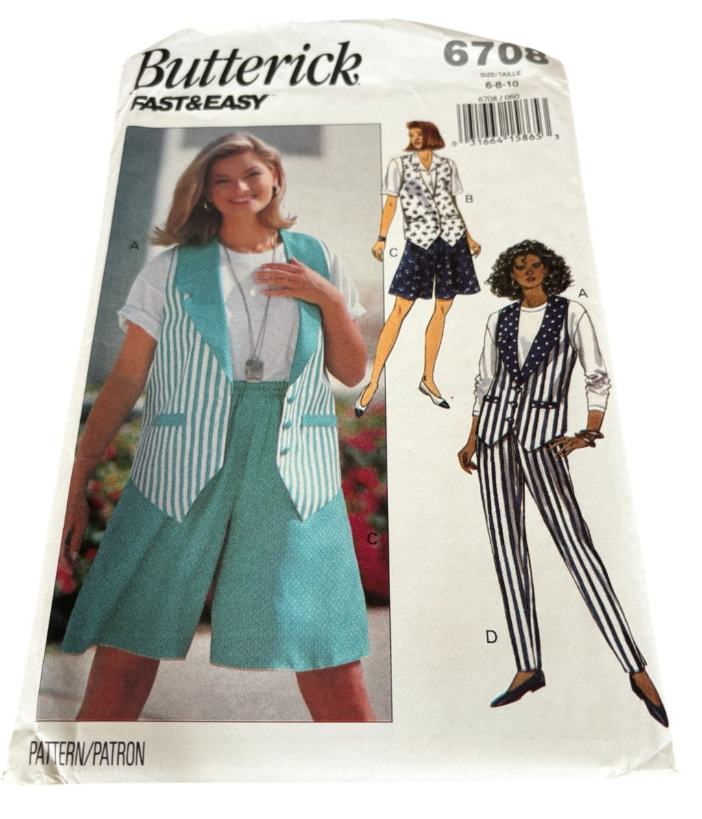 Butterick Sewing Pattern 6708 Vest Shorts Pants 90s Resort Wear Cruise 6-10 Uncut