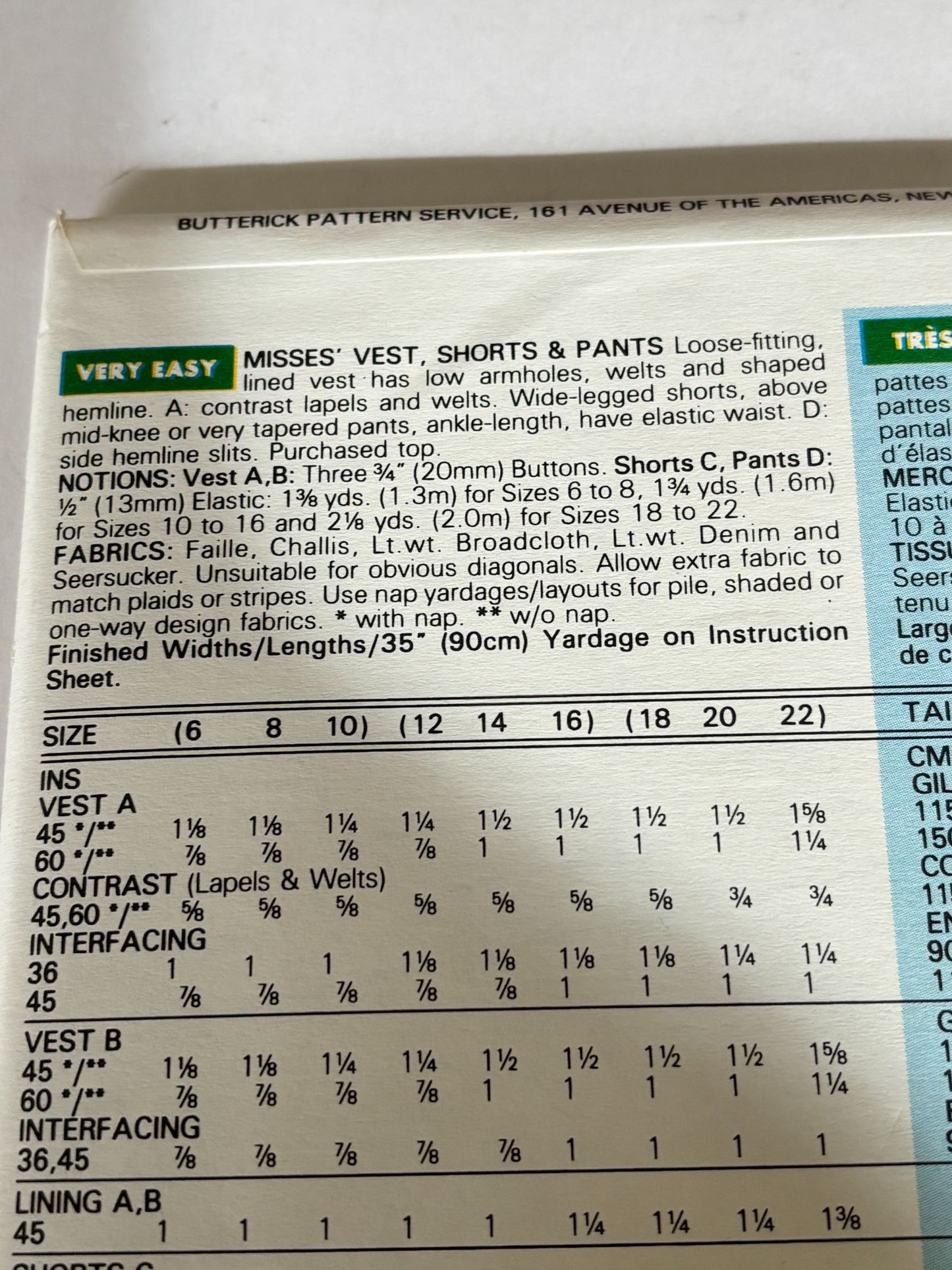 Butterick Sewing Pattern 6708 Vest Shorts Pants 90s Resort Wear Cruise 6-10 Uncut
