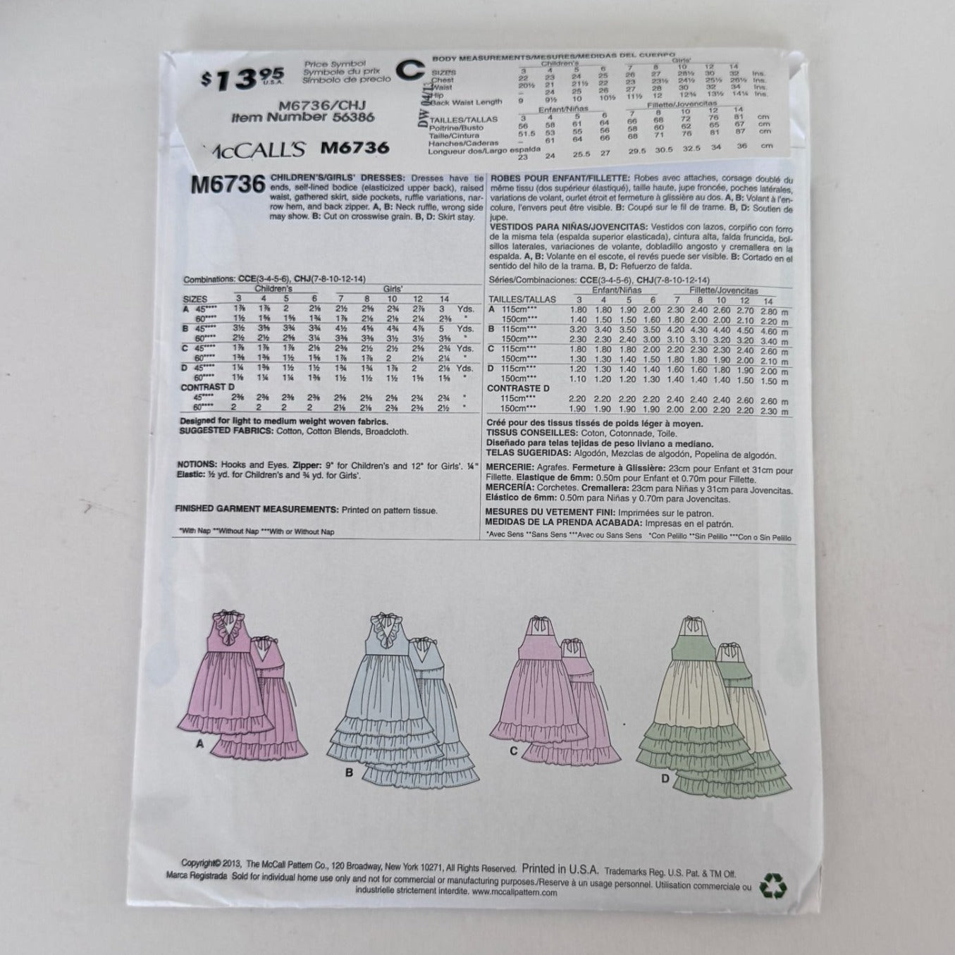 McCalls Sewing Pattern M6736 Girls Maxi Dress Easy Boho Summer Ruffle 7-14 Uncut Sleeveless