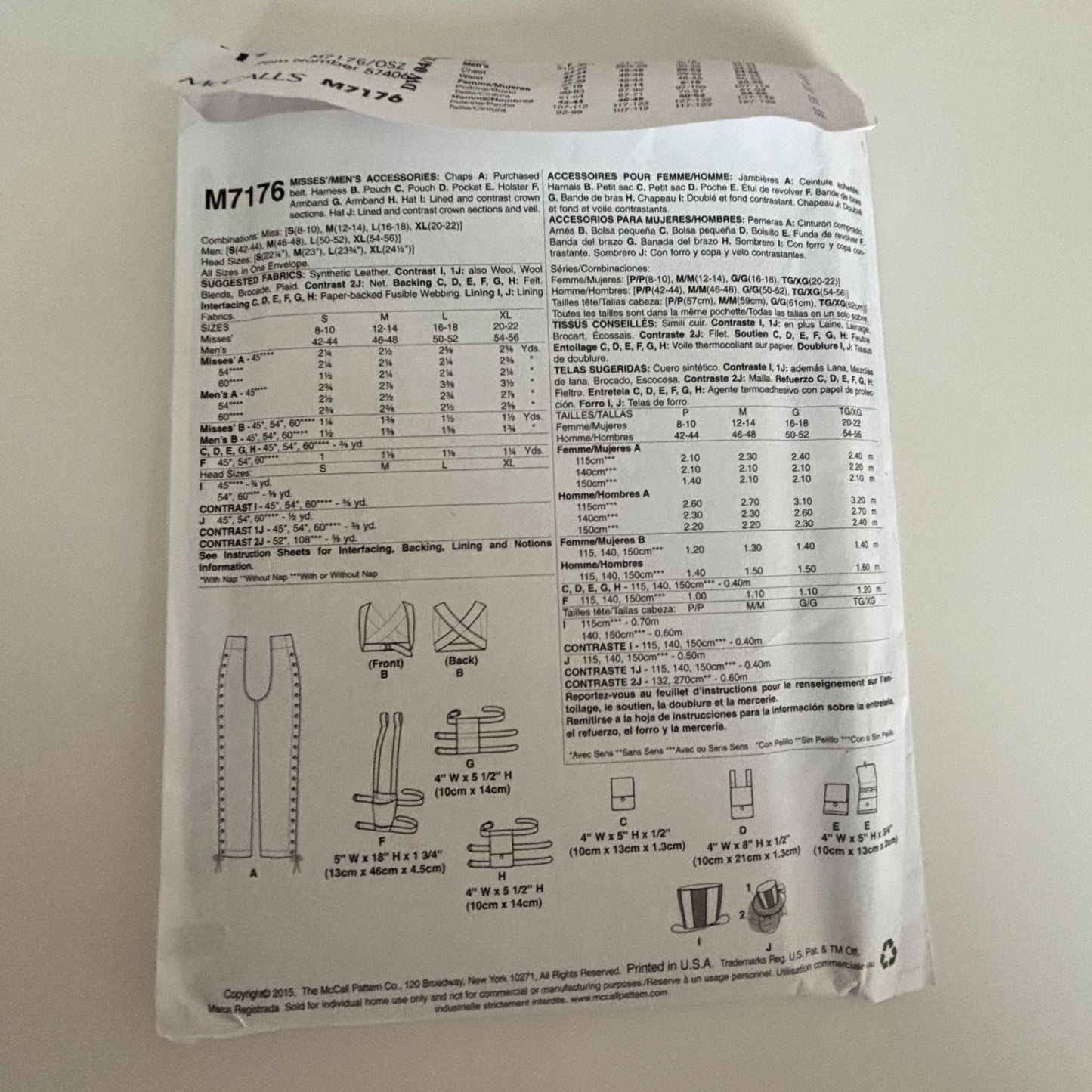 McCalls Sewing Pattern M7176 Steampunk Accessories Chaps Harness Holster Cosplay Costume Unisex Uncut