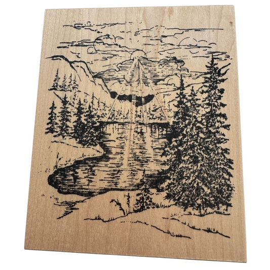Northwoods Wood Rubber Stamp Scenic Lake Nature Landscape Forest Mountains Scene