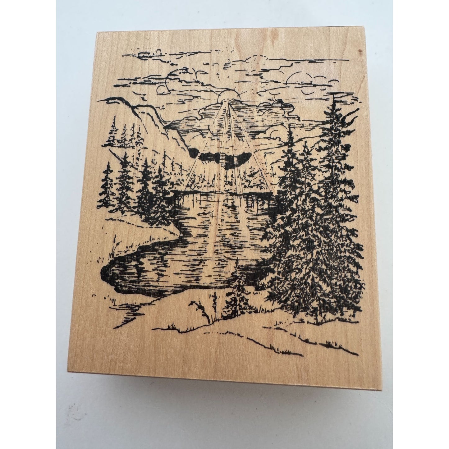 Northwoods Wood Rubber Stamp Scenic Lake Nature Landscape Forest Mountains Scene