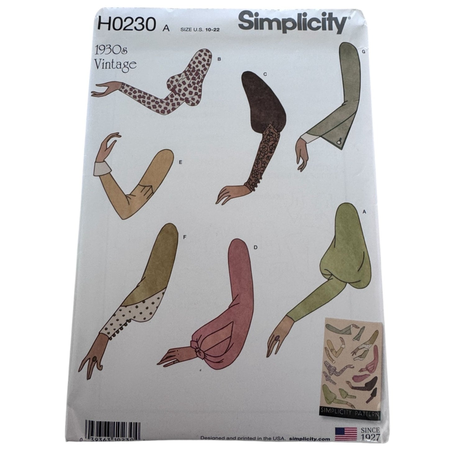 Simplicity Sewing Pattern H0230 Vintage 1930s Style Sleeves Historical Costume Making 10-22 Uncut
