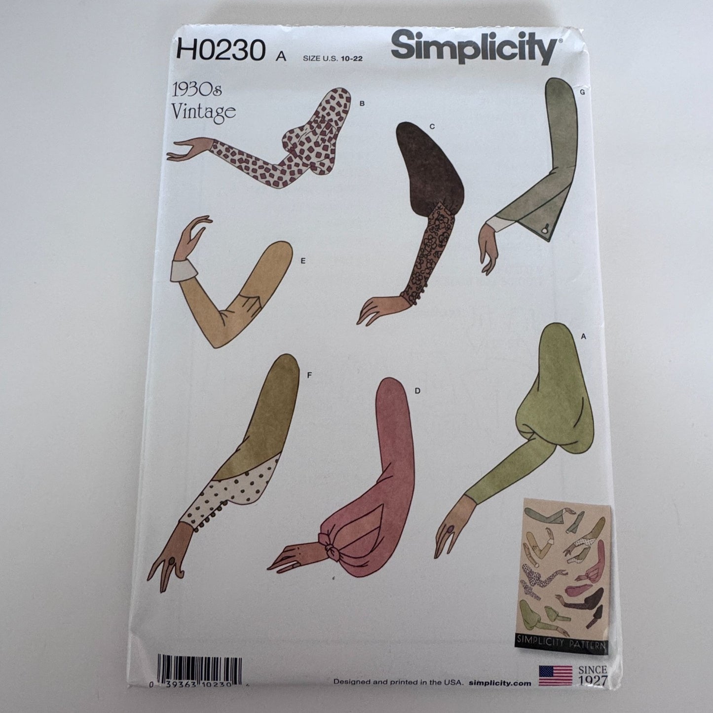 Simplicity Sewing Pattern H0230 Vintage 1930s Style Sleeves Historical Costume Making 10-22 Uncut