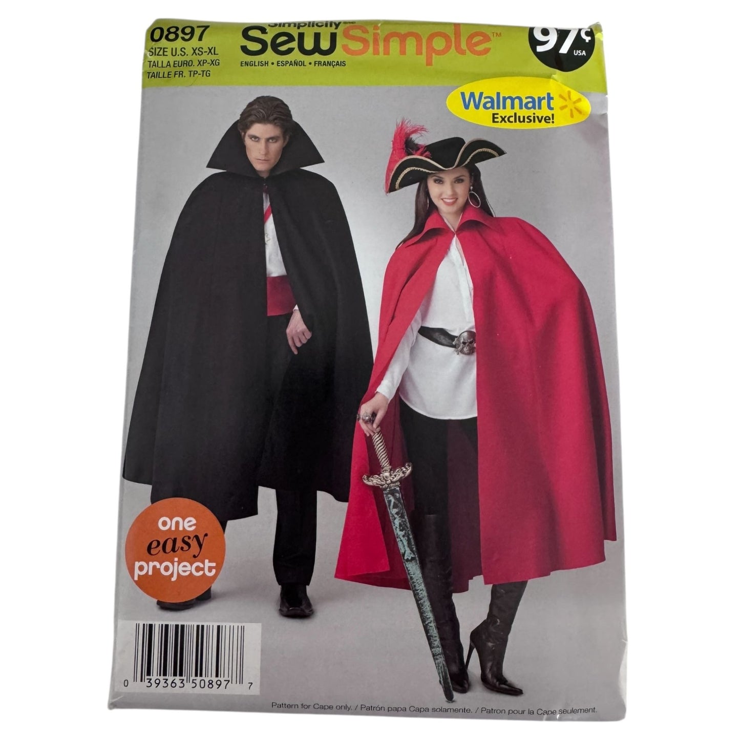 Simplicity Sewing Pattern 0897 Pirate Dracula Halloween Costume Cape XS-XL Uncut Easy Mens Misses