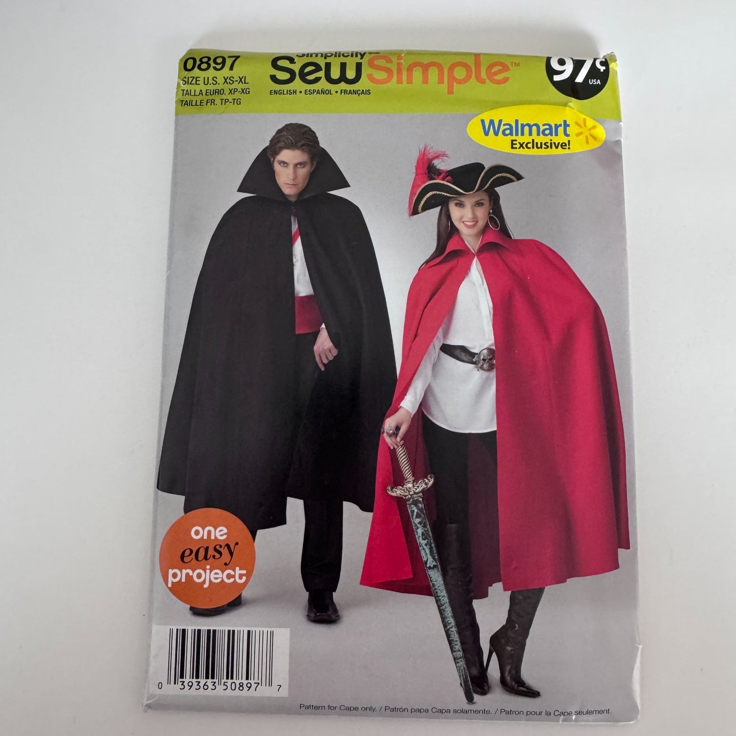 Simplicity Sewing Pattern 0897 Pirate Dracula Halloween Costume Cape XS-XL Uncut Easy Mens Misses