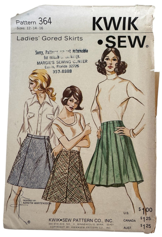 Kwik Sew Sewing Pattern 364 Ladies Gored Skirt Short Long Vintage 1970s 12 14 16