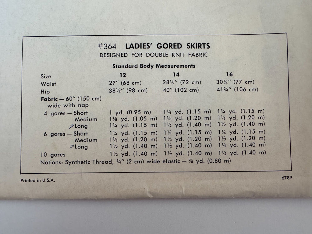 Kwik Sew Sewing Pattern 364 Ladies Gored Skirt Short Long Vintage 1970s 12 14 16