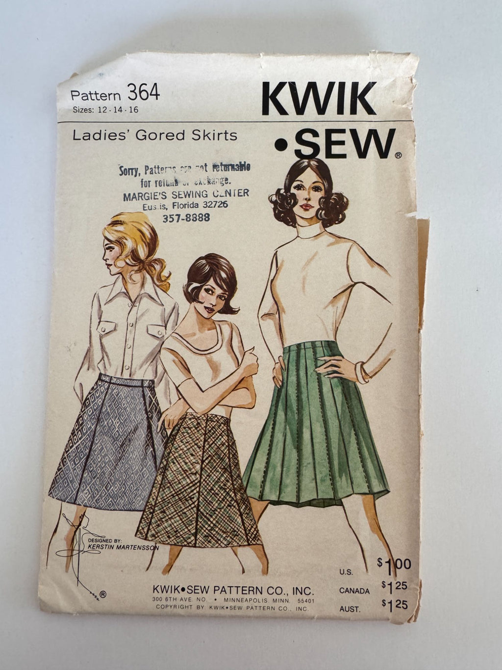 Kwik Sew Sewing Pattern 364 Ladies Gored Skirt Short Long Vintage 1970s 12 14 16