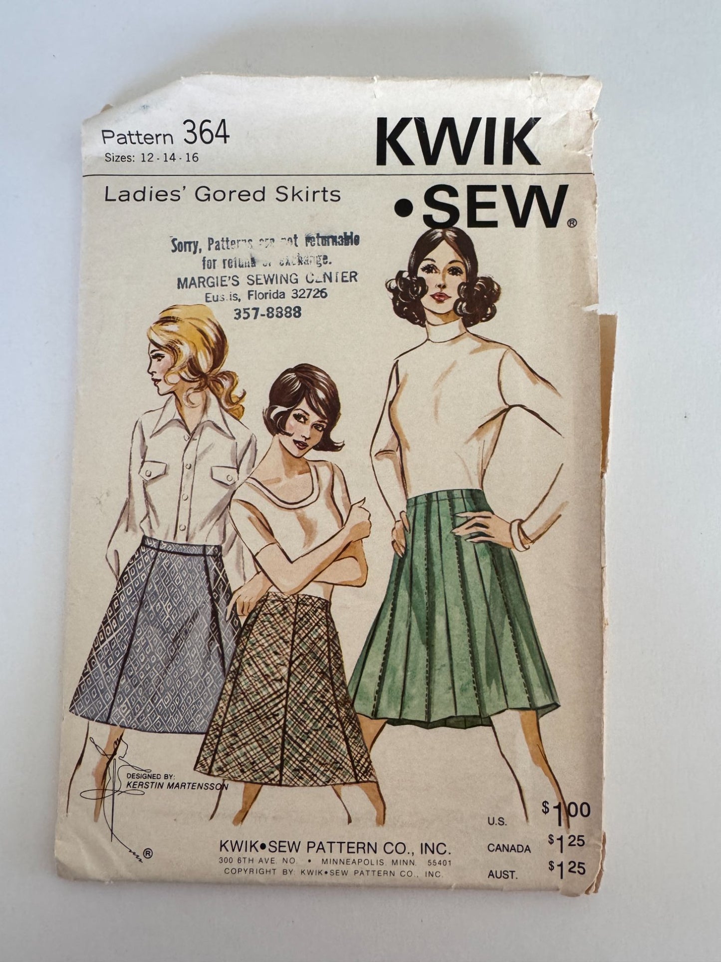 Kwik Sew Sewing Pattern 364 Ladies Gored Skirt Short Long Vintage 1970s 12 14 16