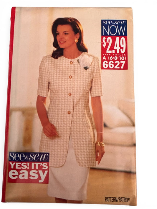 Butterick Sewing Pattern 6627 Misses Jacket Sheath Dress Work 90s Easy 6 8 10 UC