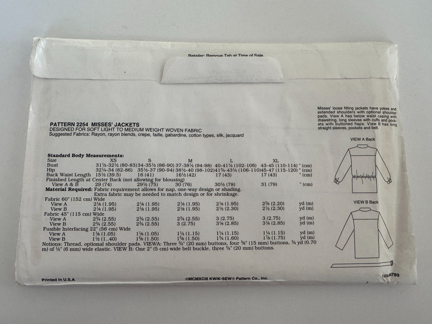 Kwik Sew Sewing Pattern 2254 Misses Jacket XS-XL Drawstring Waist Loose Fit 90s