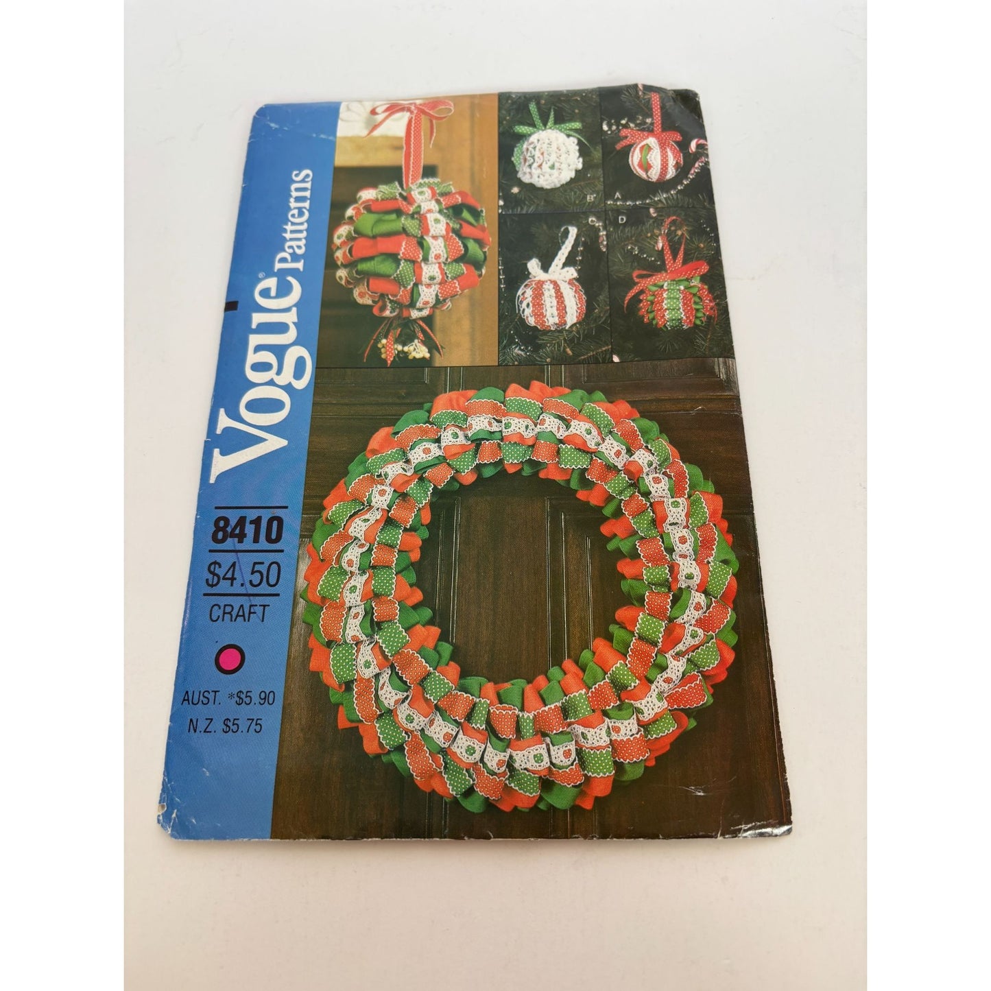 Vogue Craft Pattern 8410 No Sew Ribbon Trimmed Christmas Ornaments Wreath Uncut