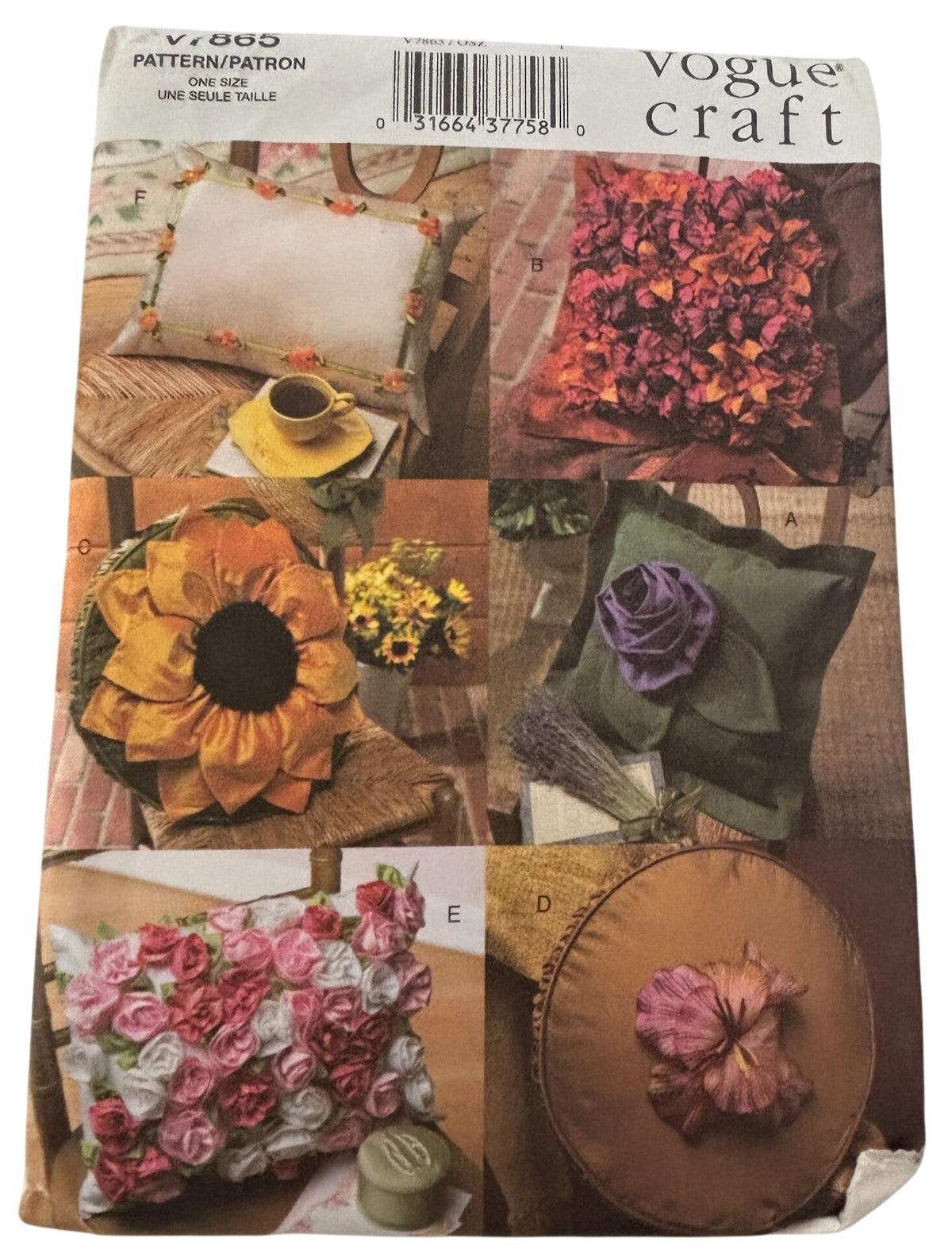 Vogue Sewing Pattern V7865 Craft Floral Pillow Seasonal Home Decor Sunflower UC