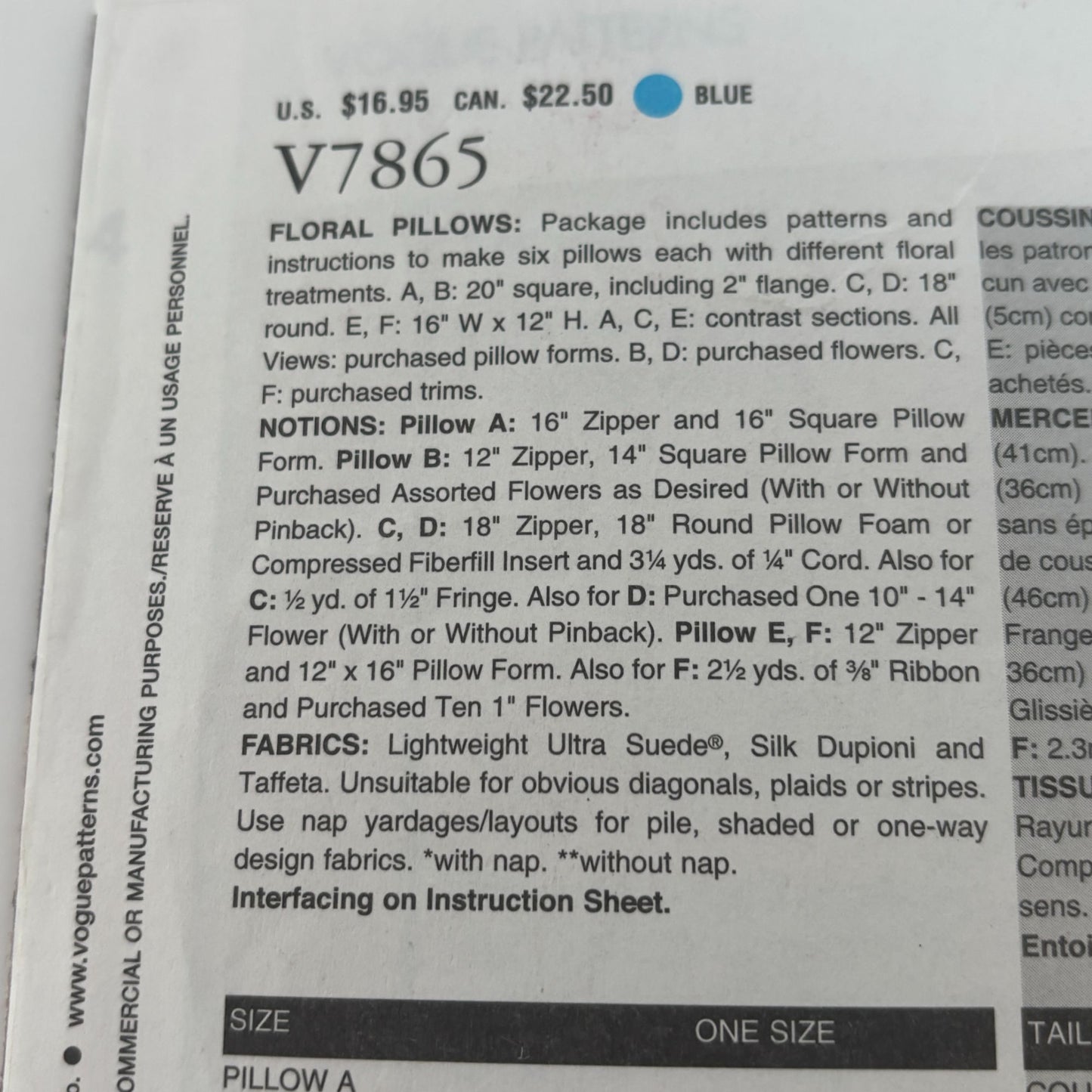 Vogue Sewing Pattern V7865 Craft Floral Pillow Seasonal Home Decor Sunflower UC