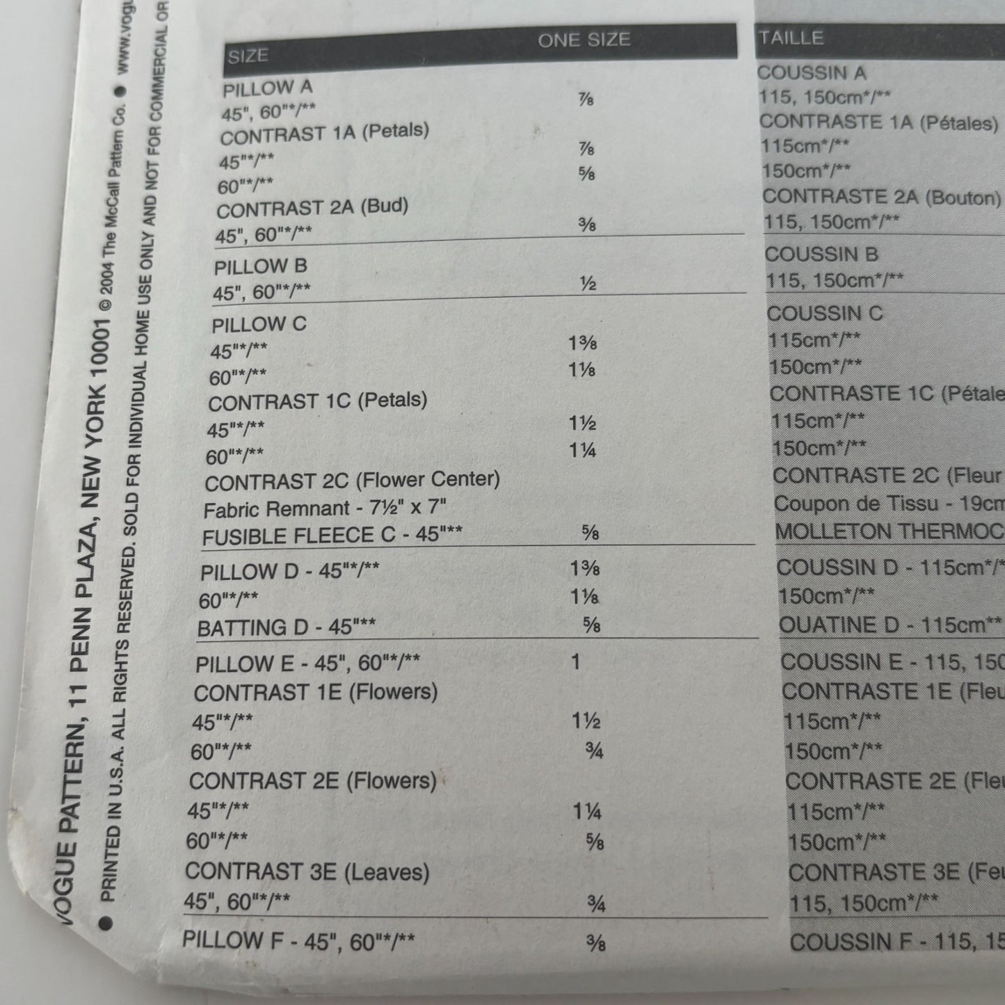 Vogue Sewing Pattern V7865 Craft Floral Pillow Seasonal Home Decor Sunflower UC