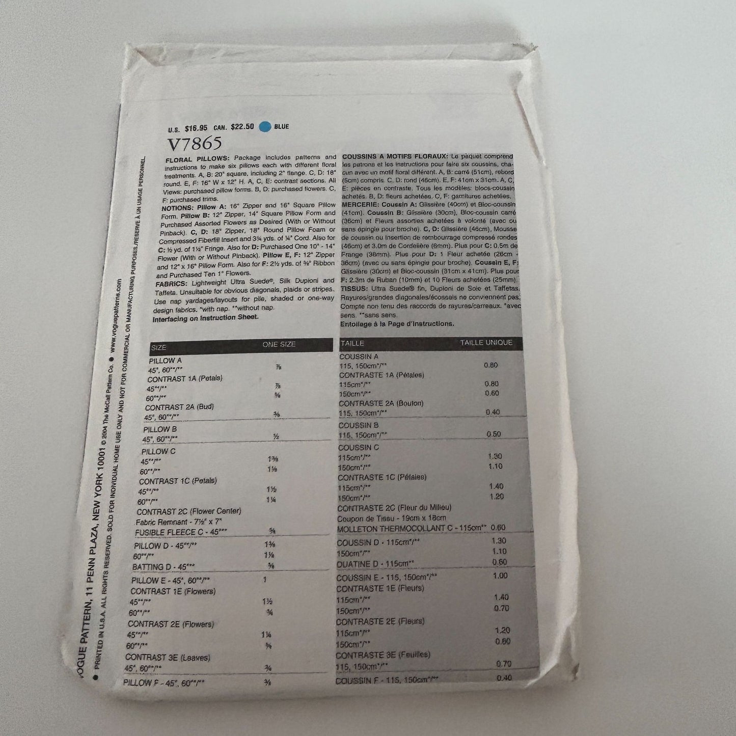 Vogue Sewing Pattern V7865 Craft Floral Pillow Seasonal Home Decor Sunflower UC