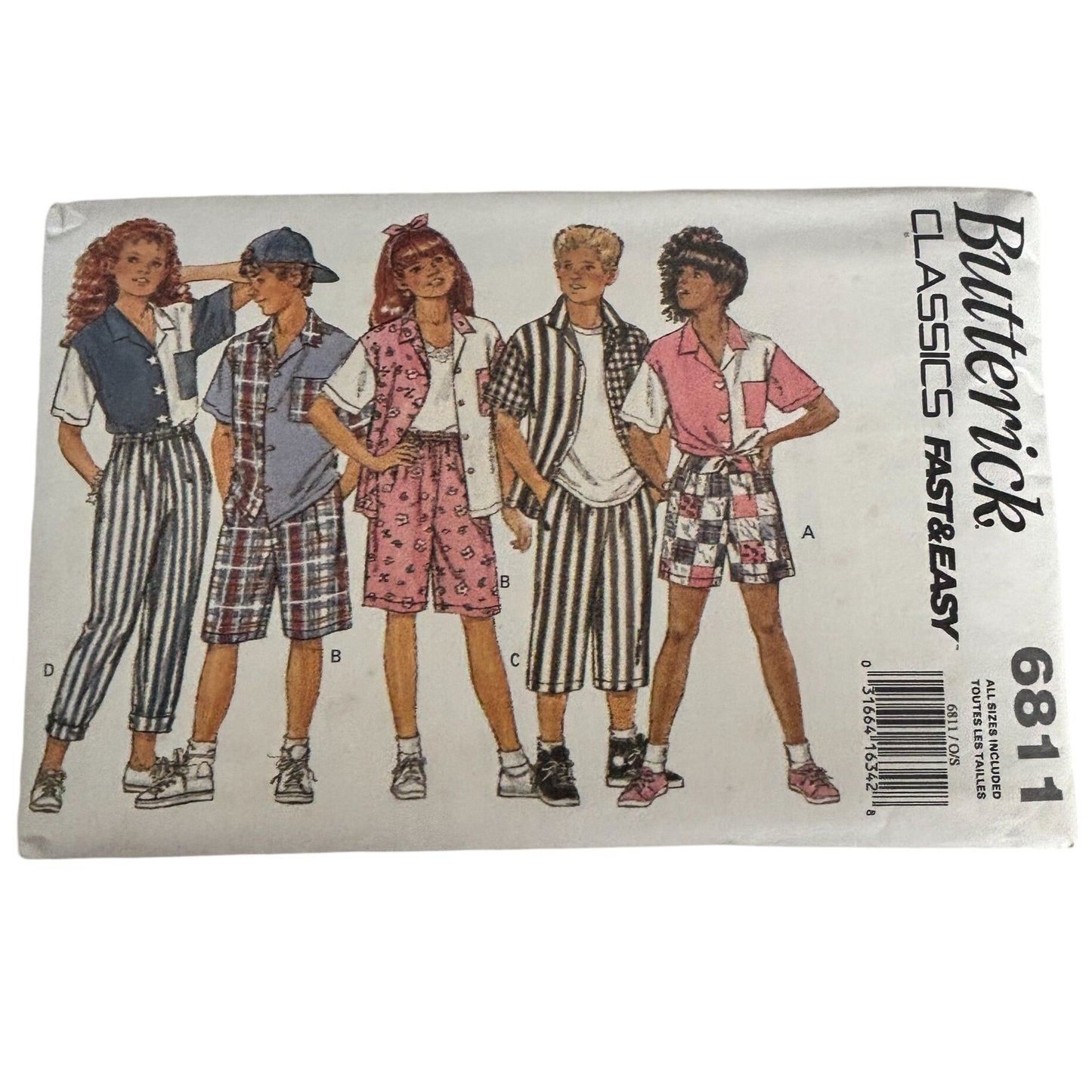 Butterick Sewing Pattern 6811 Kids 90s Shirt Shorts Pants Retro Summer Outfit 7-14 Uncut
