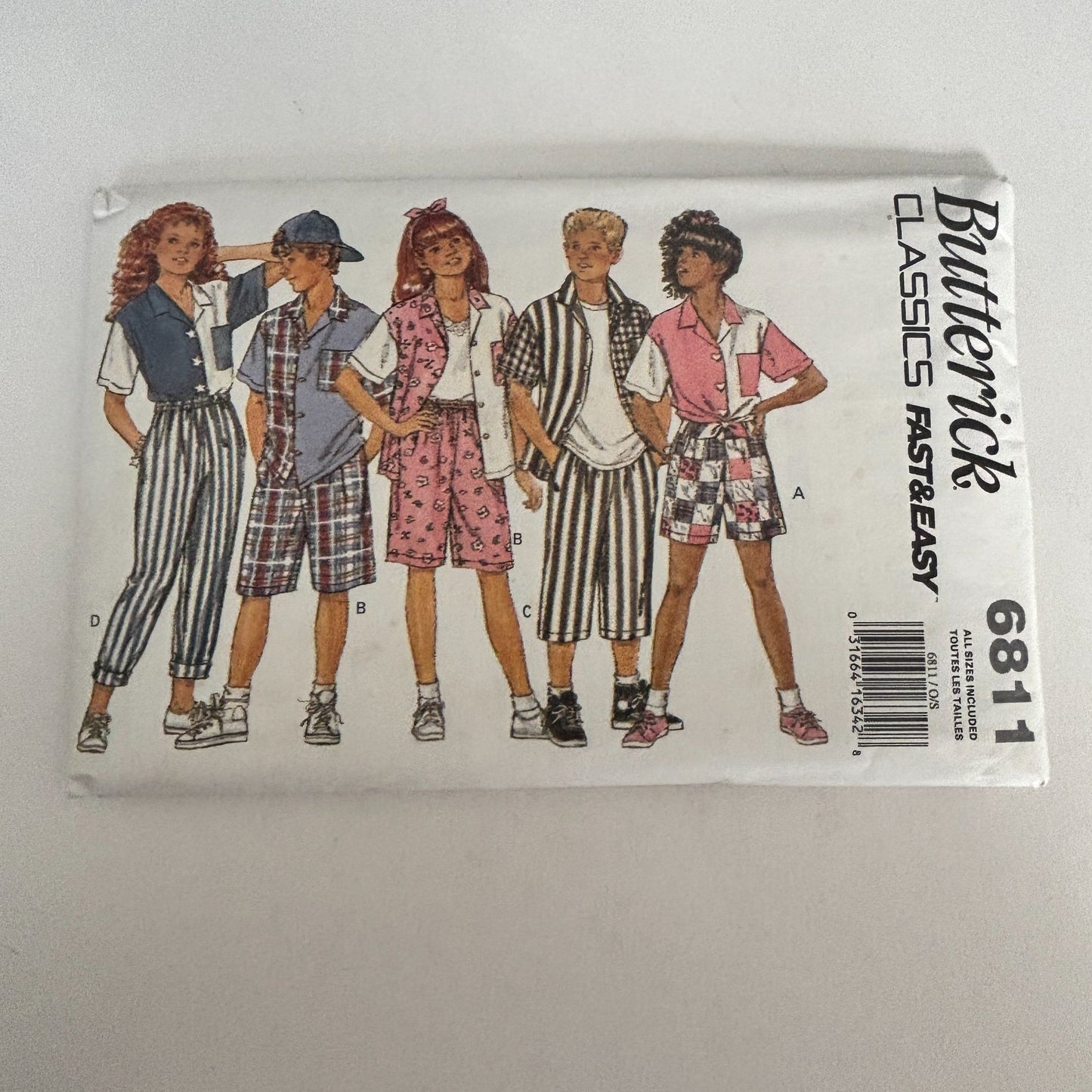 Butterick Sewing Pattern 6811 Kids 90s Shirt Shorts Pants Retro Summer Outfit 7-14 Uncut