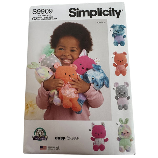 Simplicity Sewing Pattern S9909 Plush Stuffed Animals Toy Easy Dog Cat Mouse 9in