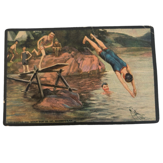 Boy Scout Gum Postcard Diving Board Swimming Hole Antique 1914 Collectible #2