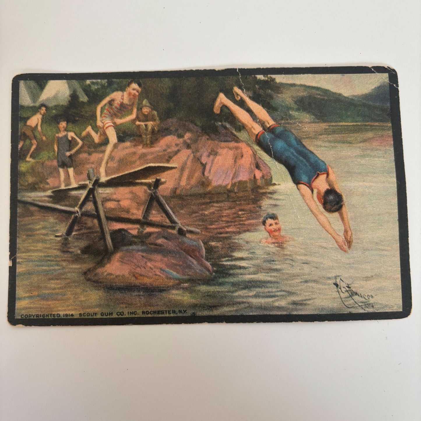 Boy Scout Gum Postcard Diving Board Swimming Hole Antique 1914 Collectible #2