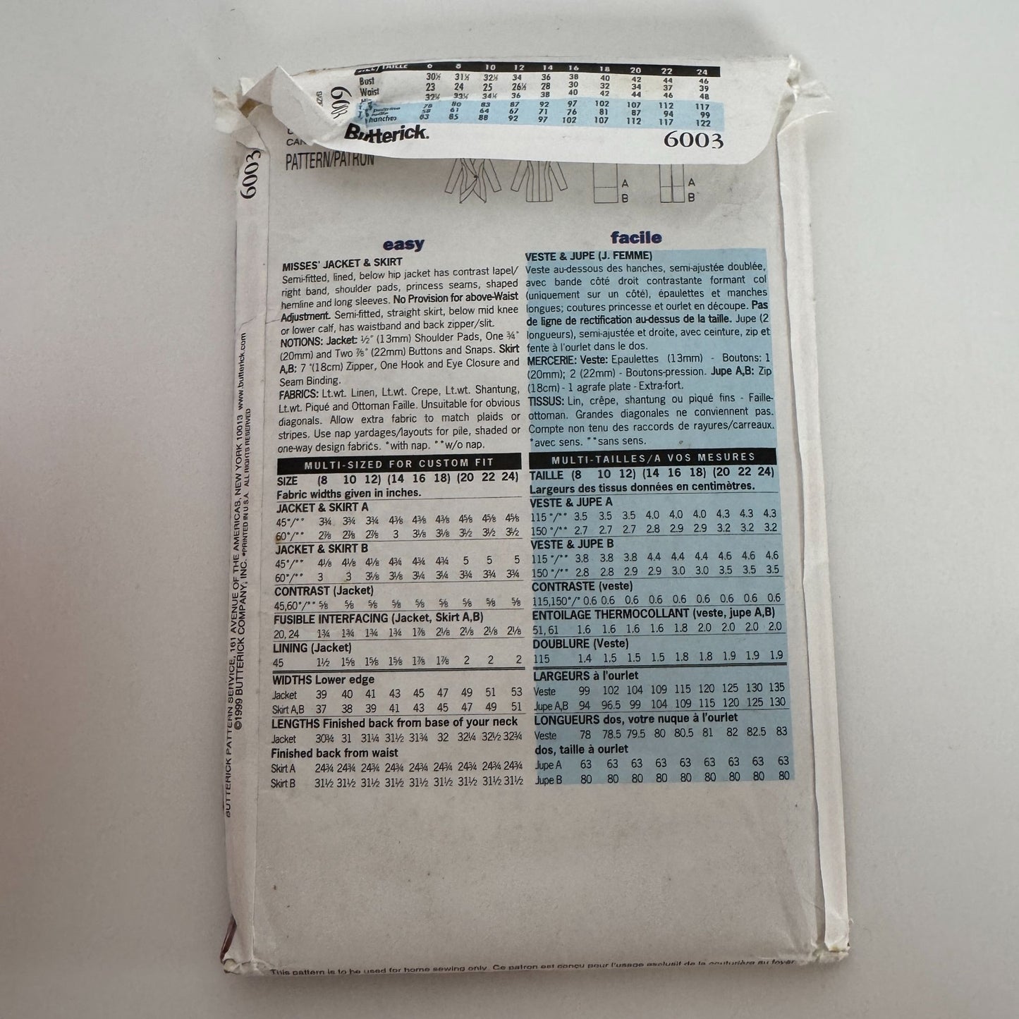 Butterick Sewing Pattern 6003 Misses Jacket Skirt Work Outfit 14 16 18 Easy UC