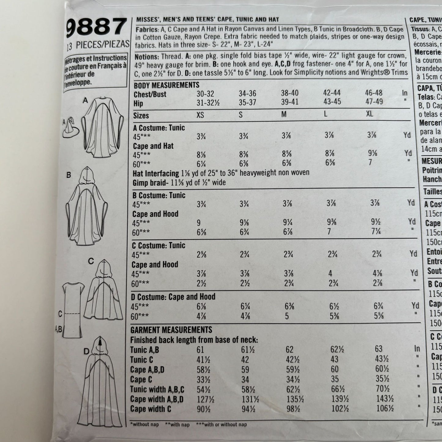Simplicity Sewing Pattern 9887  Wizard Costume Cloak Tunic Hood Medieval Fantasy Capes Tunics Wizard Halloween Uncut