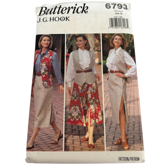 Butterick Sewing Pattern 6793 90s Vest Shirt Skirt Preppy Cottage Core Casual Uncut 6-10
