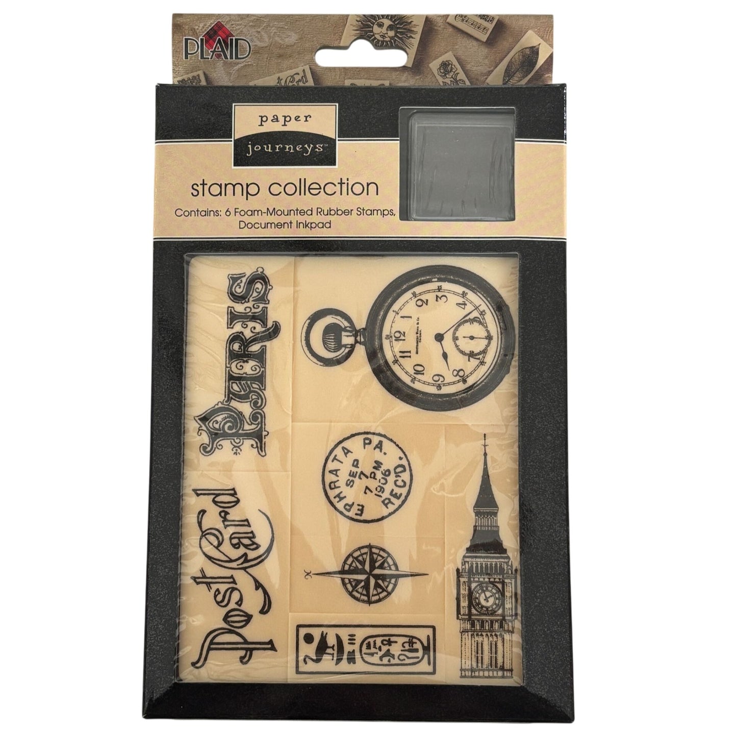 Paper Journeys Foam Mounted Rubber Stamp Set Vintage Travel Paris London Clock Ephemera Compass