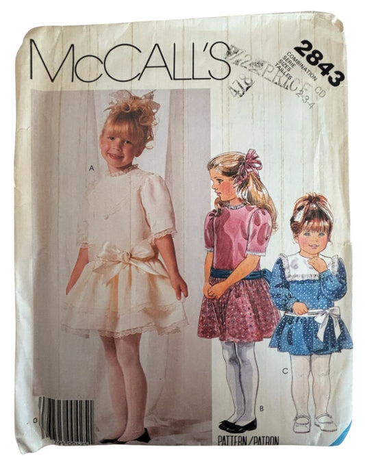 McCalls Sewing Pattern 2843 Girls Party Dress Sash Sizes 2 3 4 Vintage 1980s UC