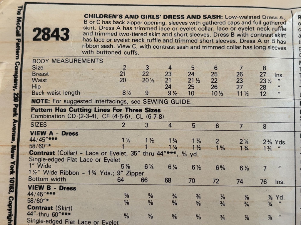 McCalls Sewing Pattern 2843 Girls Party Dress Sash Sizes 2 3 4 Vintage 1980s UC