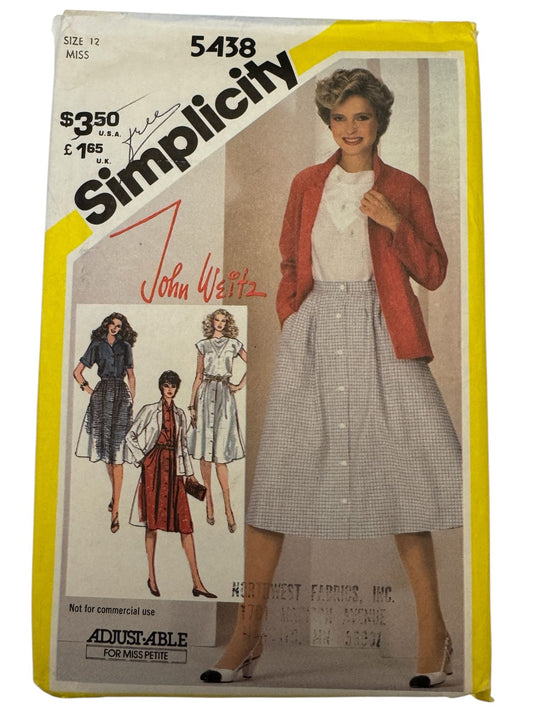 Simplicity Sewing Pattern 5438 Top Skirt Jacket Vintage Outfit John Weitz 1980s