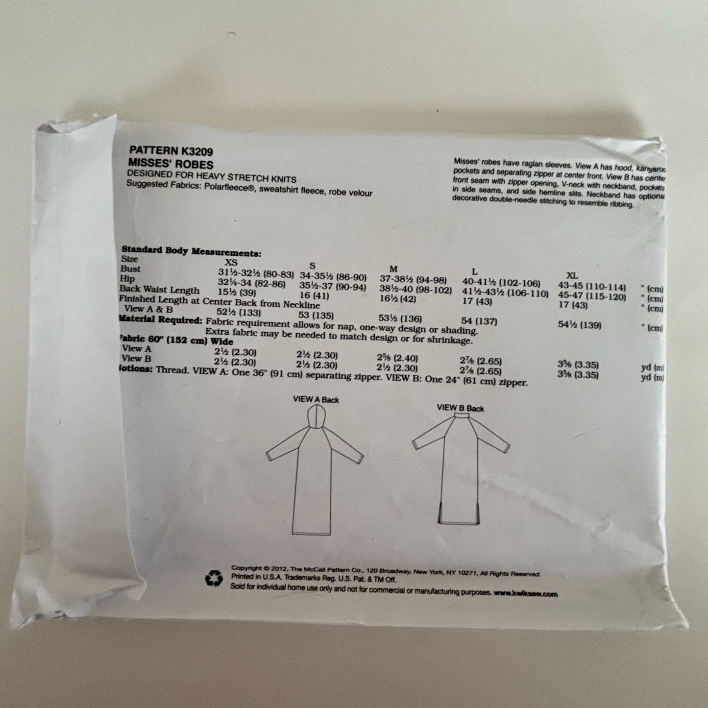 Kwik Sew Sewing Pattern K3209 Hooded Robe XS-XL Cozy Lounge Wear Fleece Loungewear Uncut