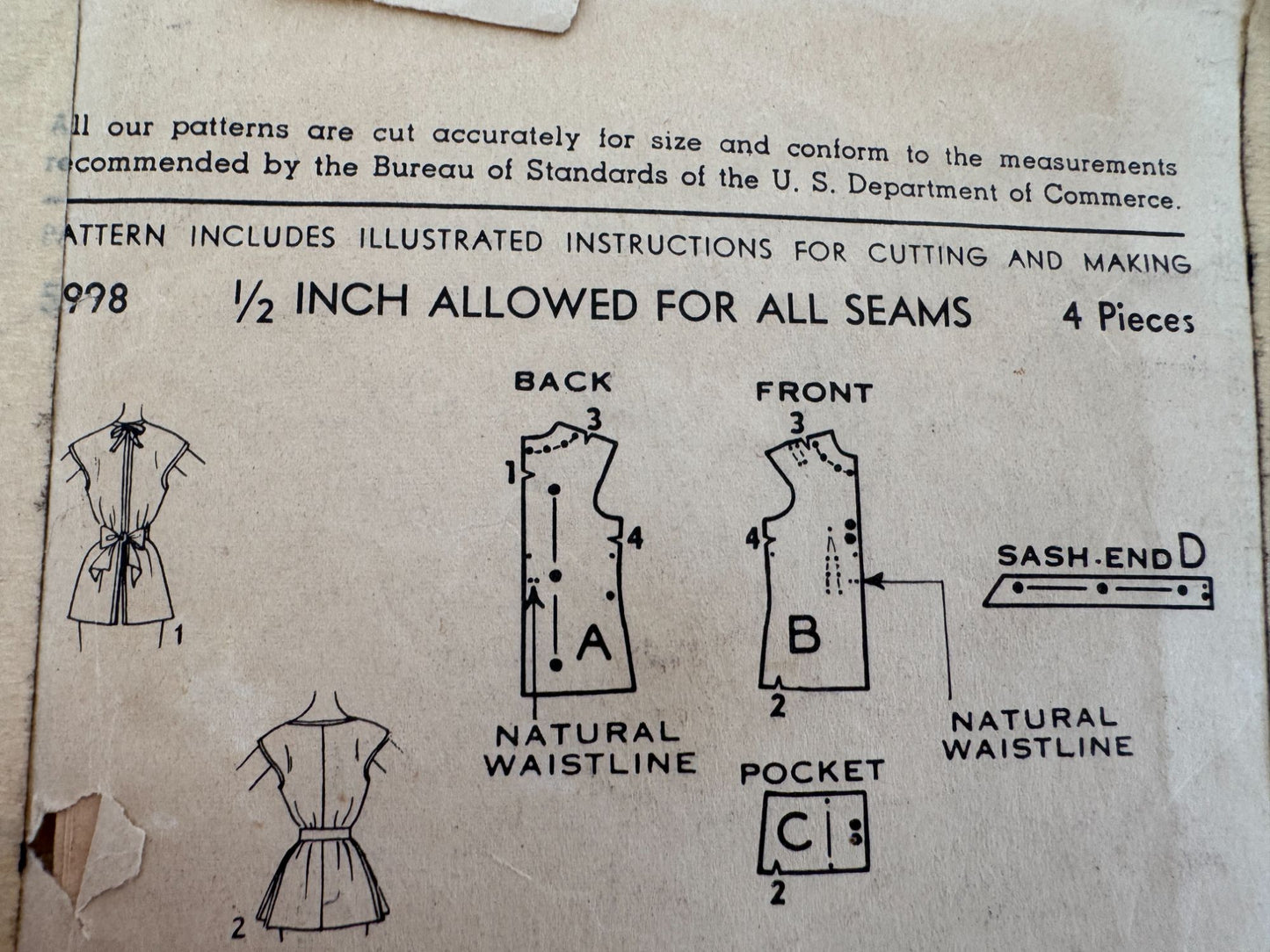 Advance Sewing Pattern 5998 Apron Poncho Medium 14-16 Vintage 1950s Easy