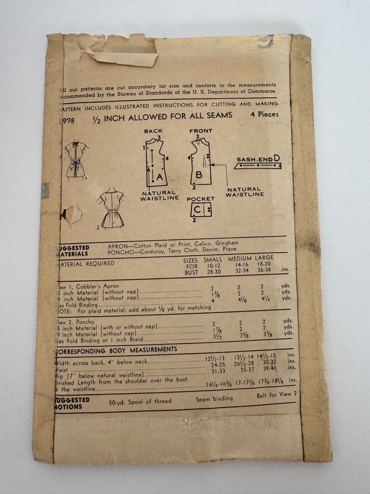Advance Sewing Pattern 5998 Apron Poncho Medium 14-16 Vintage 1950s Easy