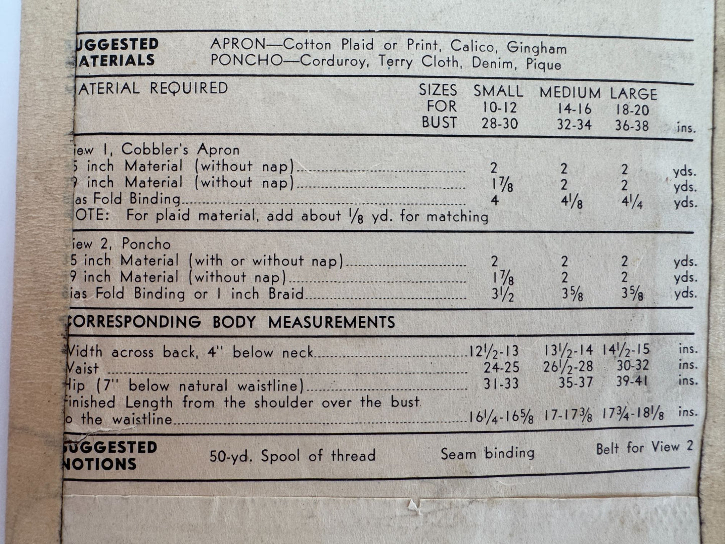 Advance Sewing Pattern 5998 Apron Poncho Medium 14-16 Vintage 1950s Easy